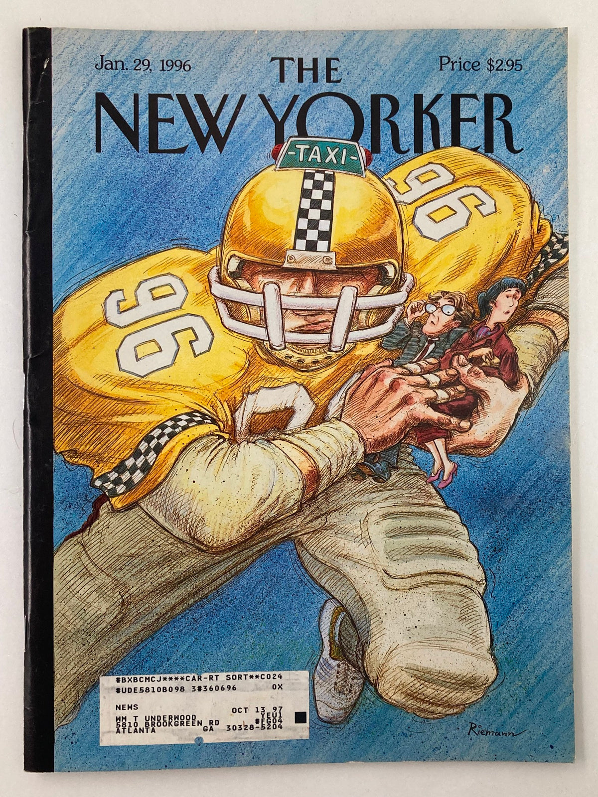 Cover of The New Yorker magazine dated January 29, 1996, featuring artwork by George Riemann depicting a yellow taxi helmet. The cover highlights the iconic New York Cabs theme.