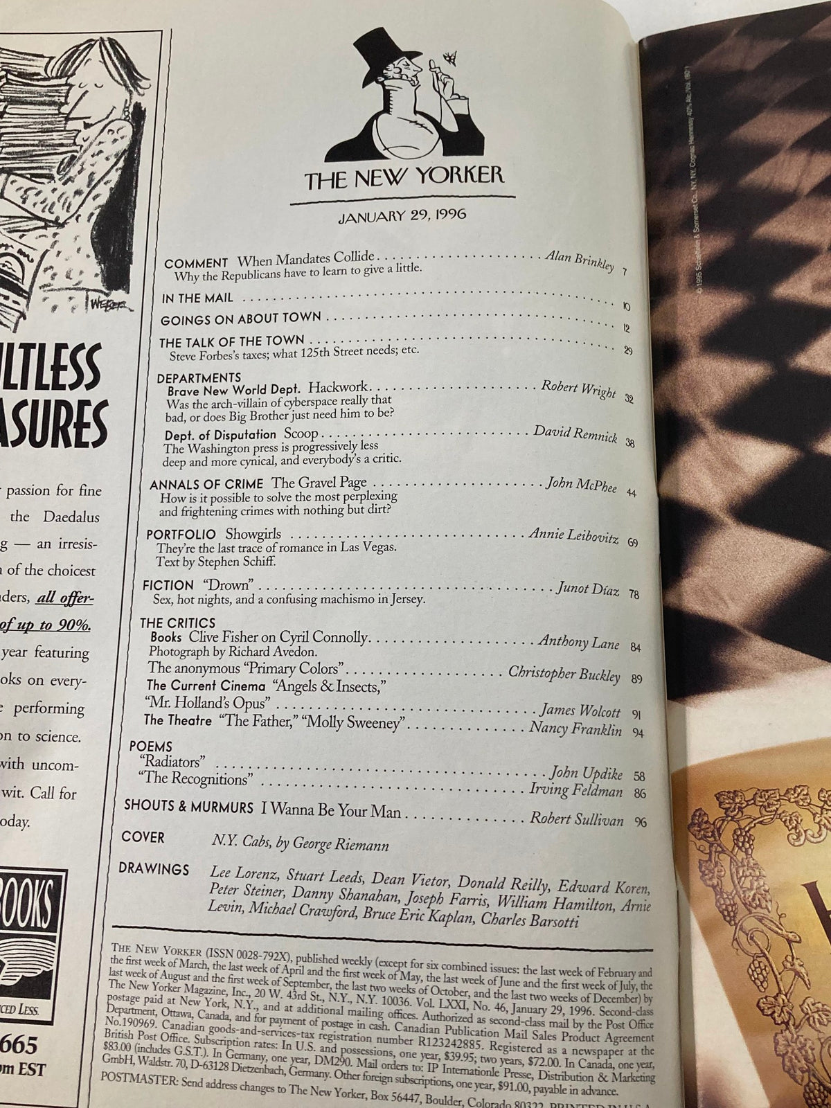 Page from The New Yorker magazine dated January 29, 1996, featuring the cover title 'N.Y. Cabs' by George Riemann, along with a table of contents highlighting various articles and sections included in the issue.