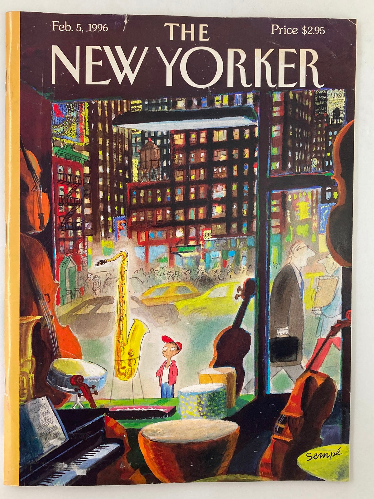Cover of The New Yorker magazine from February 5, 1996, featuring colorful illustration of a cityscape with a saxophonist and urban scenes, titled 'The Boy Who Wanted To Be President'.