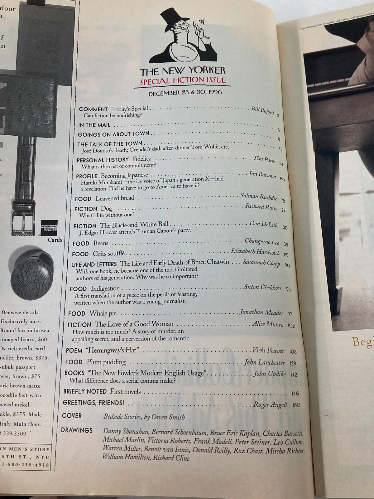 Table of contents for The New Yorker Full Magazine December 23 1996, highlighting the Special Fiction Issue with featured articles and fiction.
