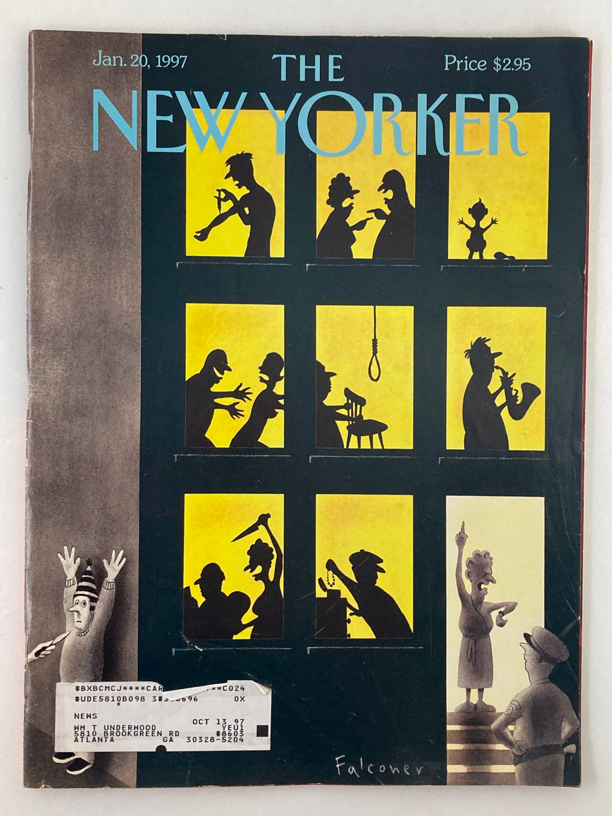 Cover of The New Yorker Full Magazine January 20 1997 featuring the artwork 'Disturbing the Peace' by Ian Falconer, showcasing a series of silhouettes in windows.