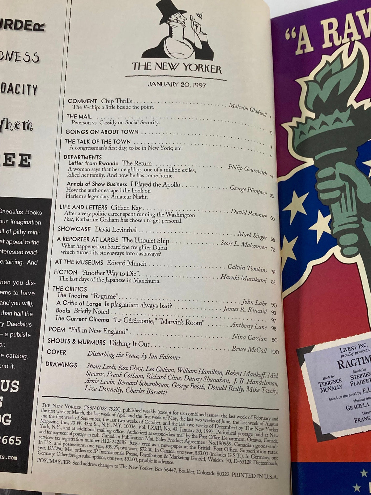 Inside page of The New Yorker Full Magazine January 20 1997 displaying the table of contents and various article titles, illustrating the magazine's diverse range of features.