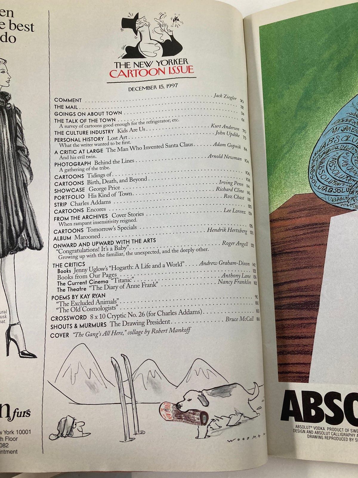 Contents page of The New Yorker magazine from December 15, 1997, featuring articles and cartoons, titled 'The Gang's All Here' by R. Mankoff. This issue showcases various sections including the culture industry, cartoons, and poetry.