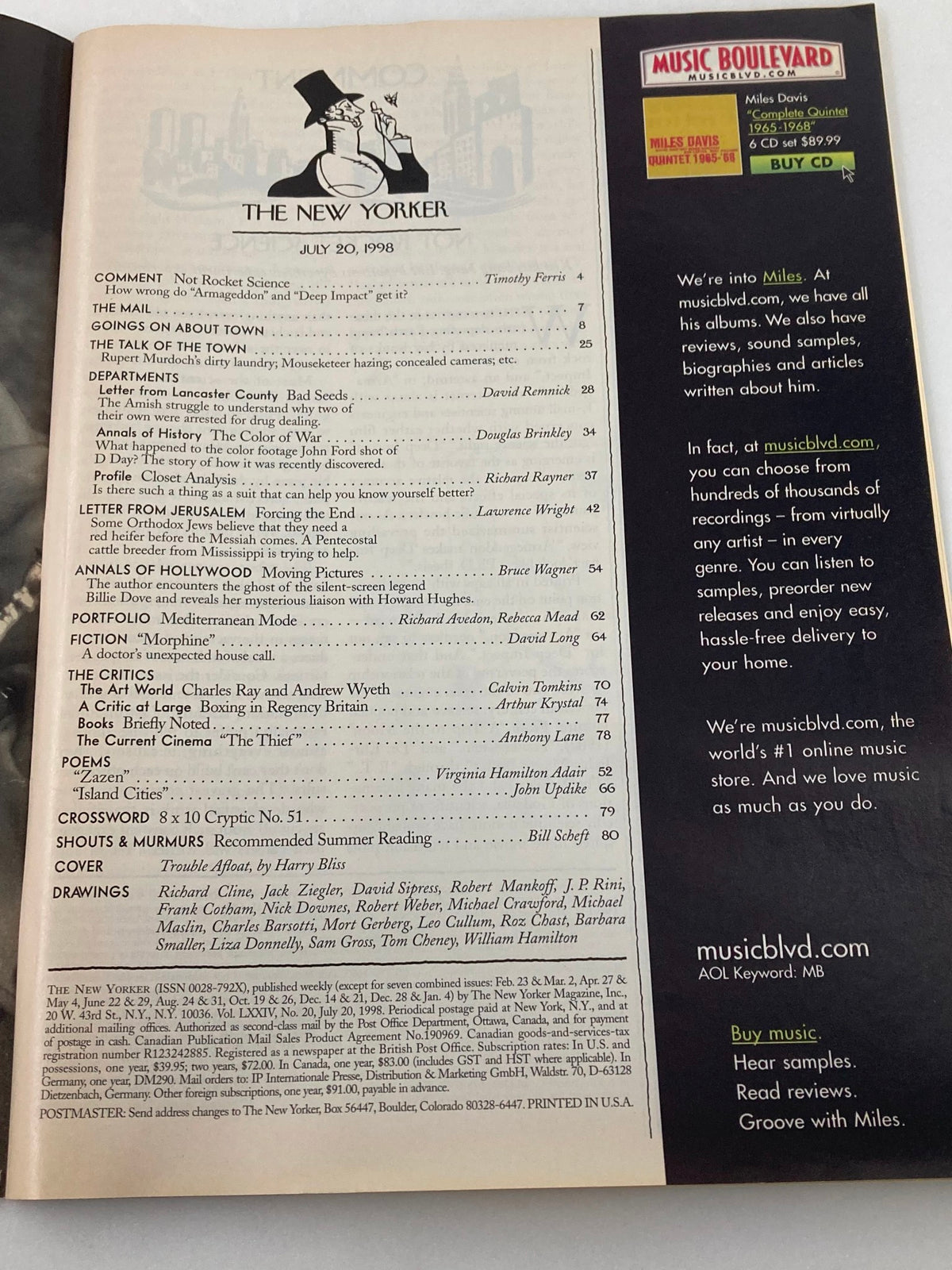 Table of contents from The New Yorker Full Magazine July 20, 1998, listing featured articles and sections.