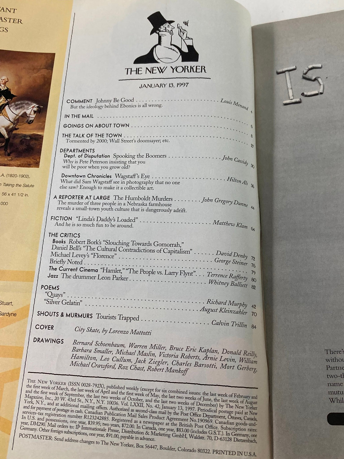 Inside page of The New Yorker magazine, January 13, 1997, displaying the table of contents including the cover title 'City Skate' by Lorenzo Mattotti.