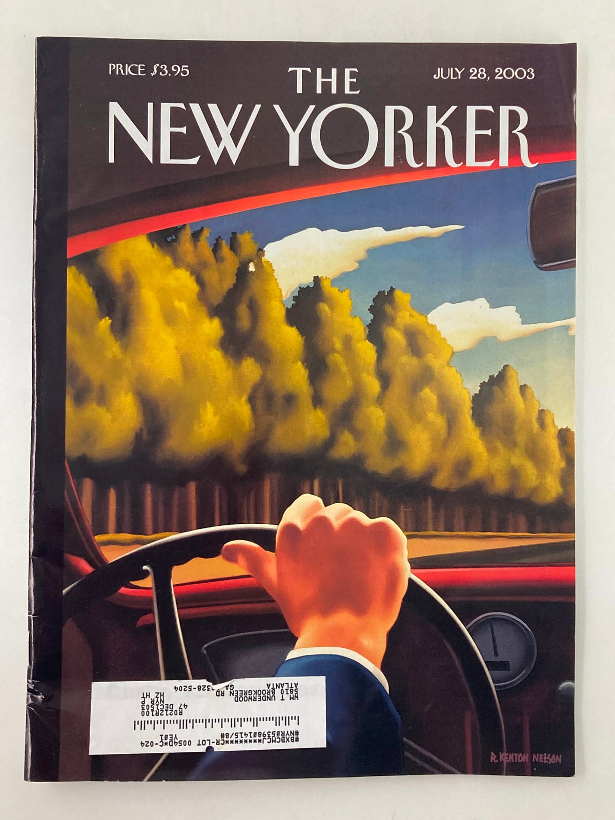 Cover of The New Yorker magazine from July 28, 2003, featuring artwork by R. Kenton Nelson, depicting a hand on the steering wheel with a scenic view of clouds and trees.