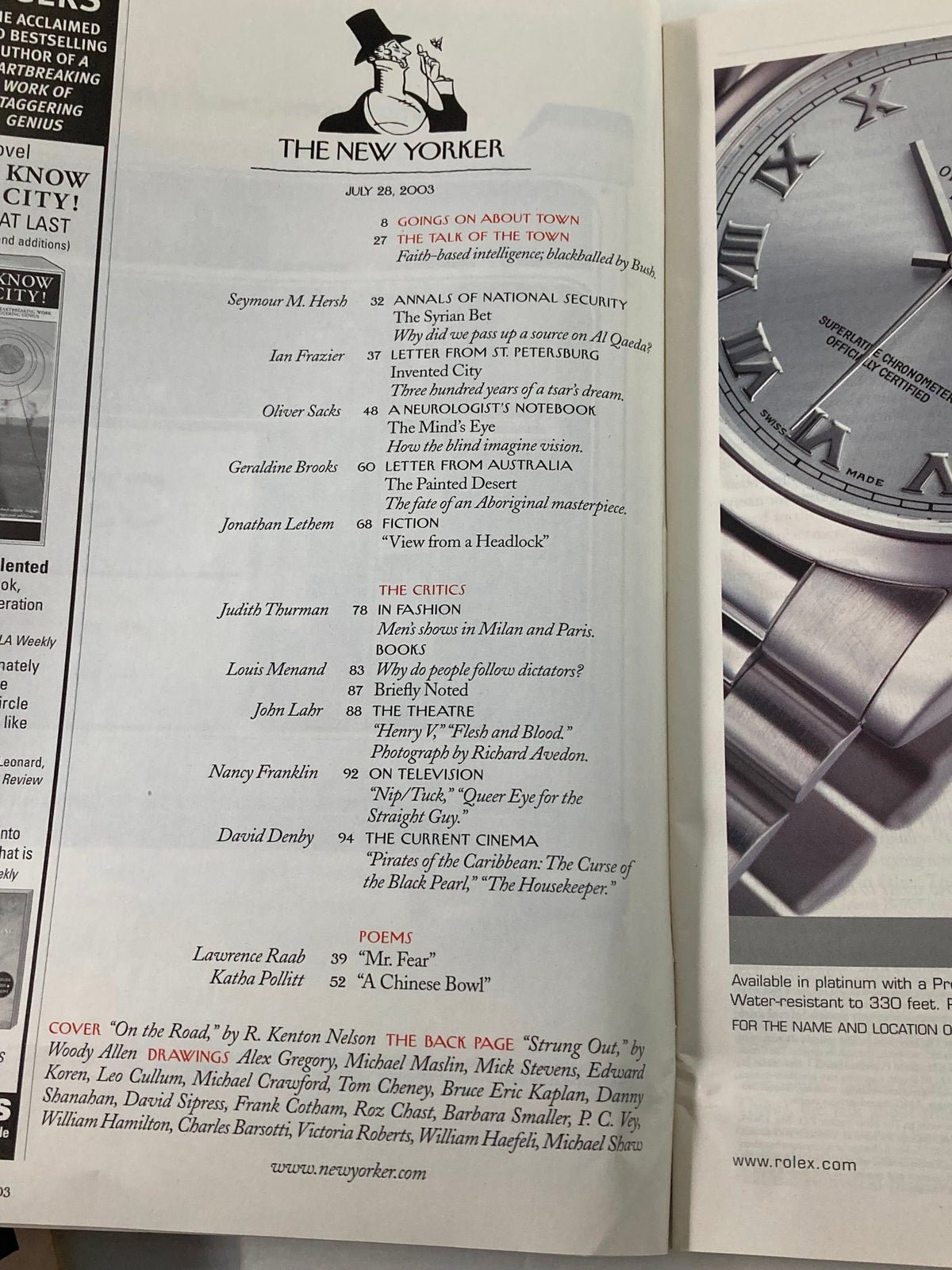 Interior page of The New Yorker magazine from July 28, 2003, showcasing the table of contents and articles including 'On The Road' by R. Kenton Nelson.