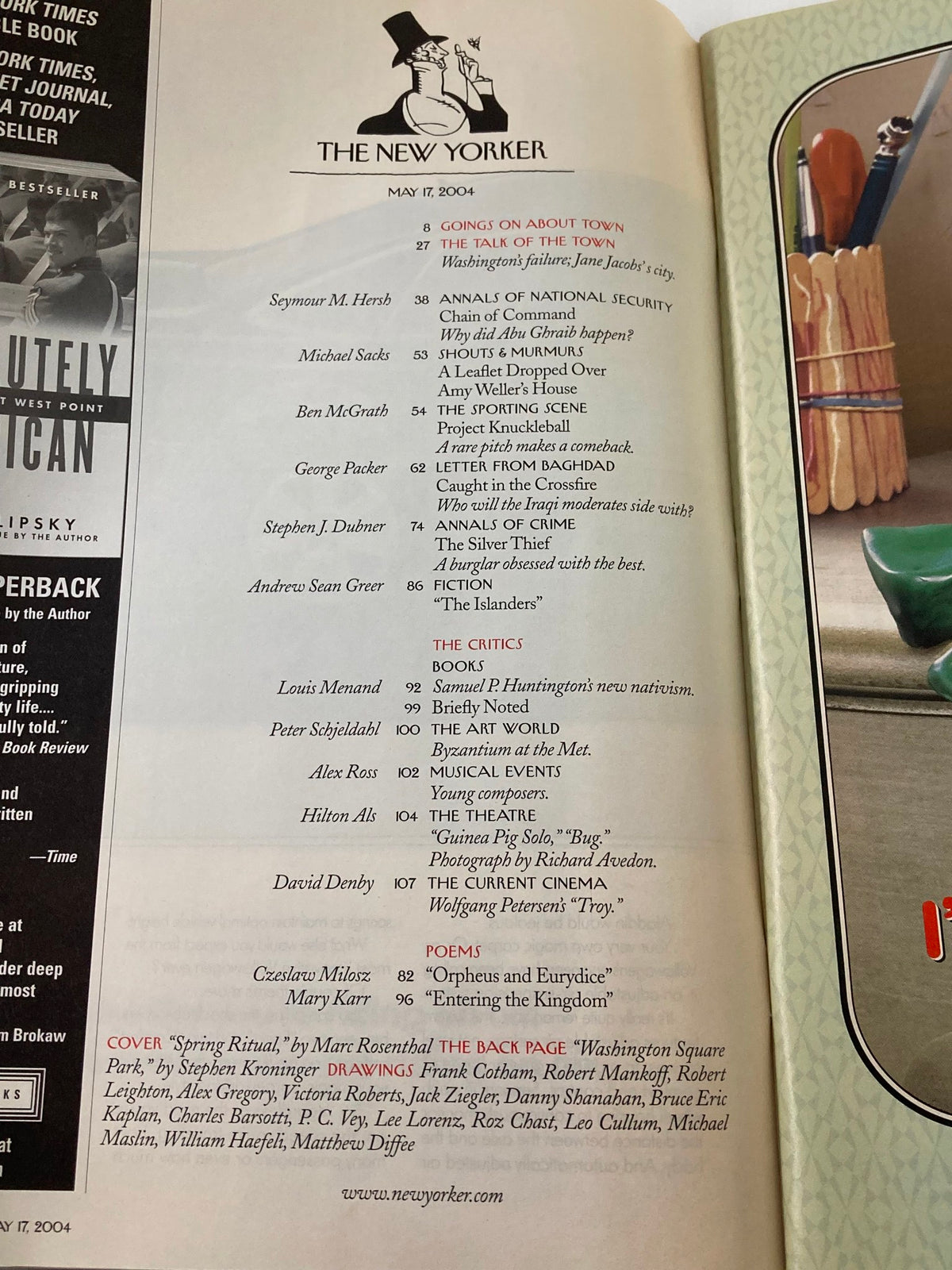 Table of contents from The New Yorker magazine dated May 17, 2004 featuring the article 'Spring Ritual' by Marc Rosenthal, highlighting various contributors and sections of the issue.
