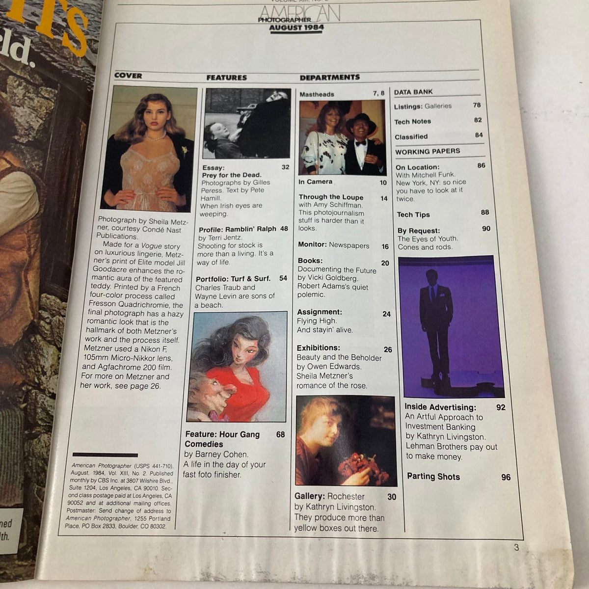 Interior page of American Photographer Magazine August 1984, highlighting the features and articles of the issue, including a section dedicated to Jill Goodacre.