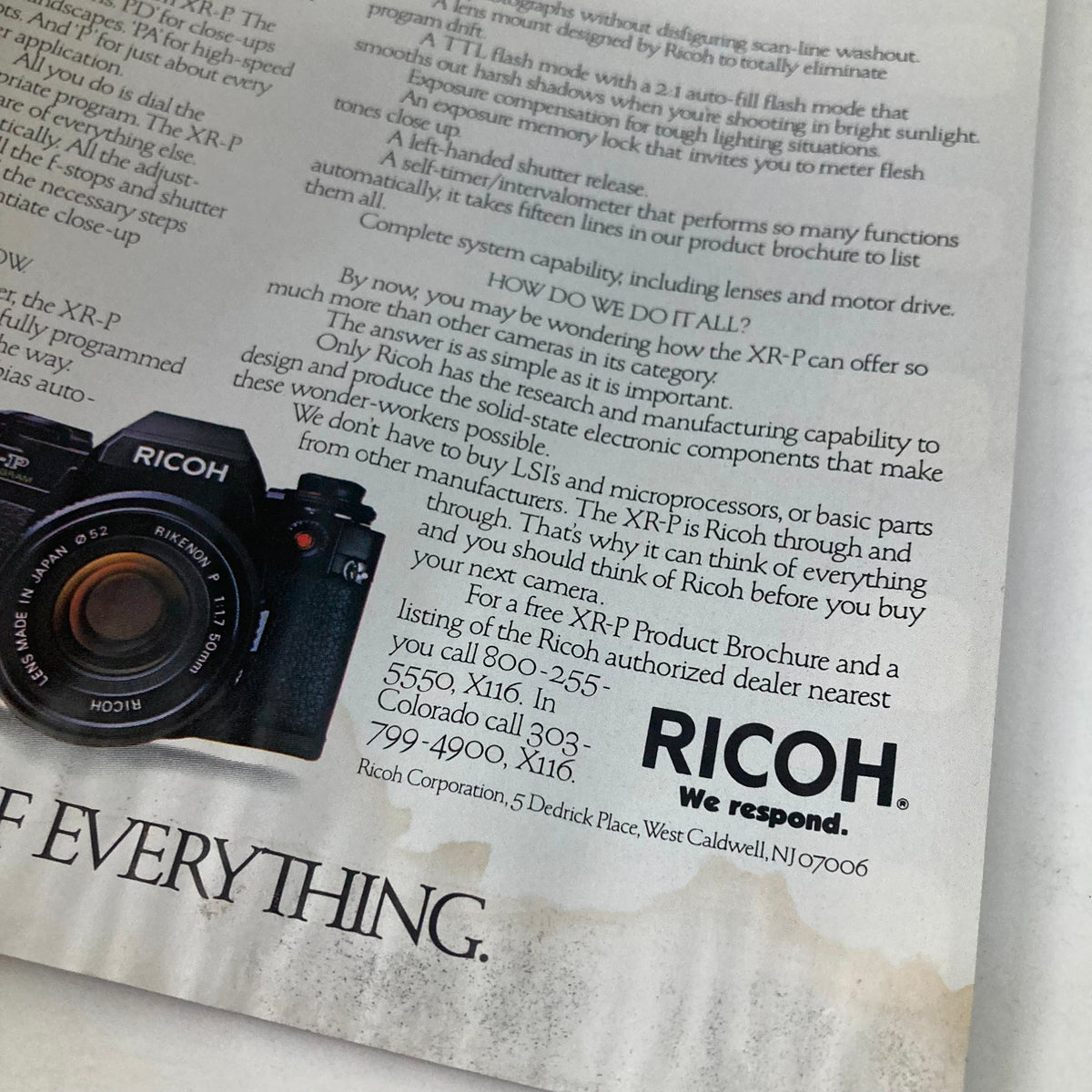Ricoh advertisement featuring the XR-P camera model in American Photographer Magazine August 1984, showcasing insights into camera features and capabilities.