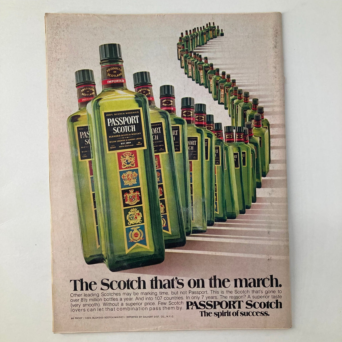 Back cover advertisement of Vintage Newsweek Magazine from September 15, 1975, featuring promotional content for Passport Scotch whiskey, displaying multiple bottles in a visually appealing arrangement.
