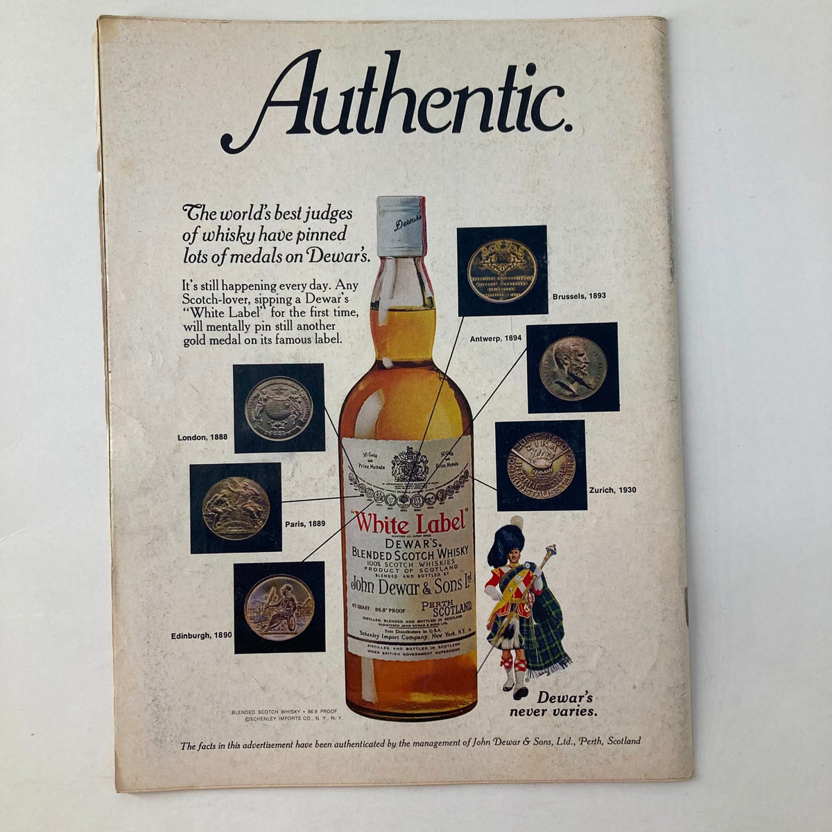 Advertisement from VTG Newsweek Magazine June 30 1975 for Dewar's White Label Scotch Whisky, showcasing its historical medals.