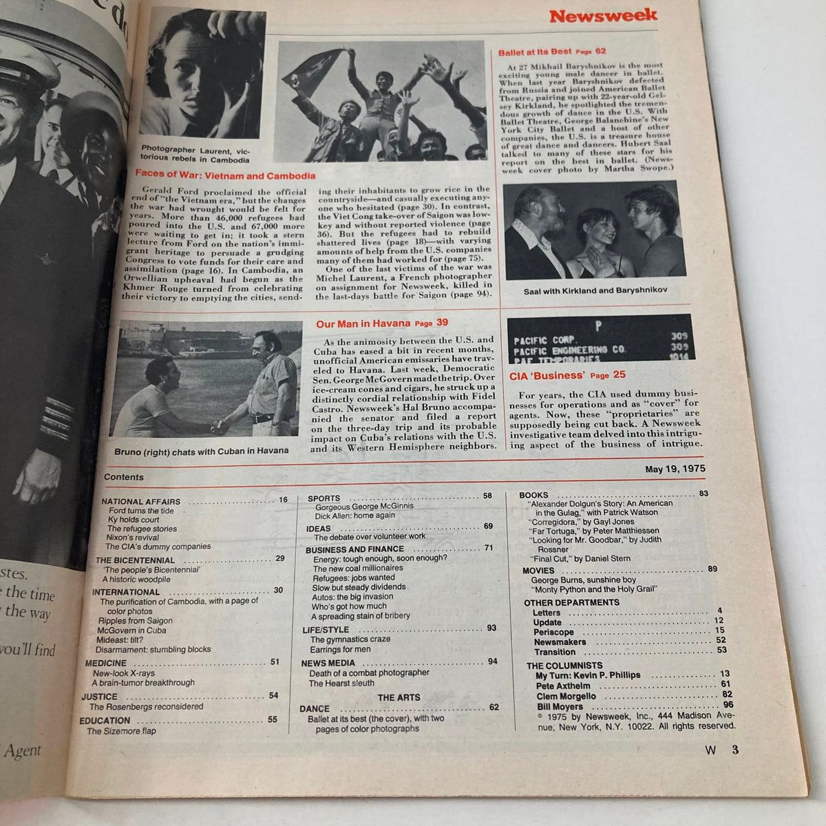 Inside page of Newsweek Magazine dated May 19, 1975, featuring the table of contents and articles including a focus on ballet with Baryshnikov and Kirkland.