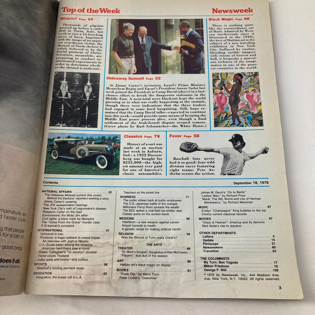 Contents page of VTG Newsweek Magazine September 18 1978 highlighting the main articles including a feature on the 'Hideaway Summit'.