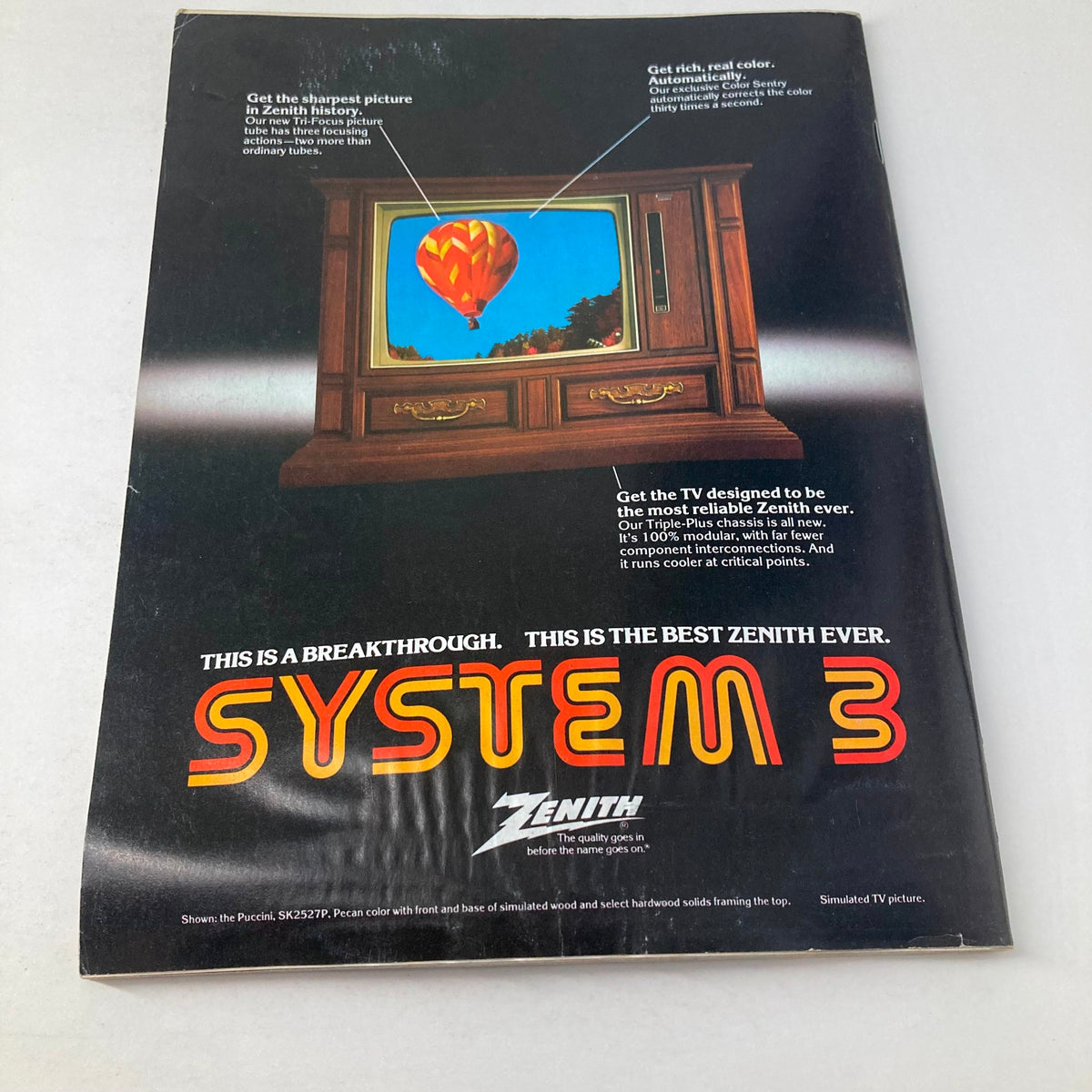 Back cover of the VTG Newsweek magazine September 18 1978 featuring a promotional advertisement for Zenith televisions, showcasing the 'System 3' model and its features.