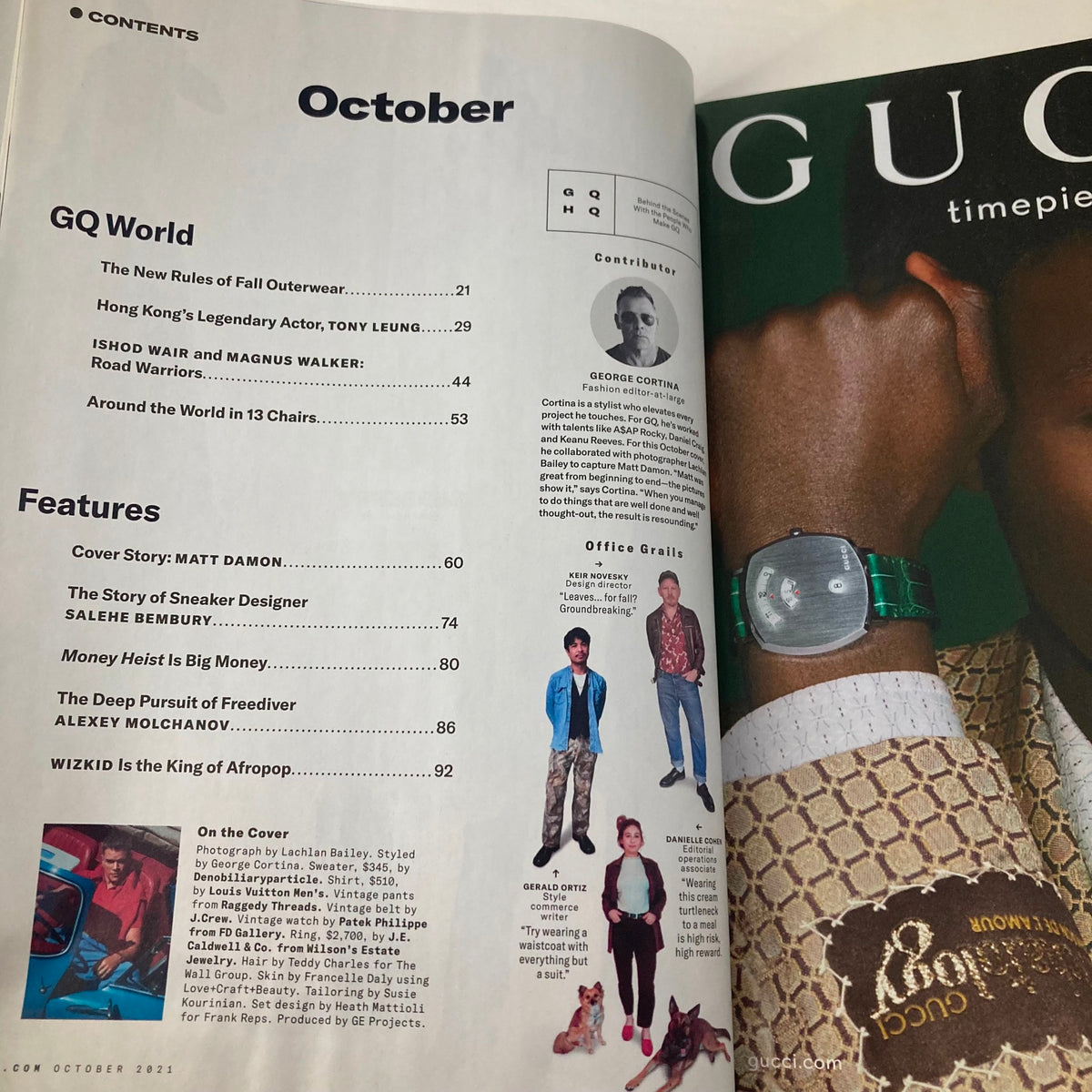 Contents page of GQ Magazine October 2021 featuring the title "The Evolution of Matt Damon," alongside editorial details and feature highlights.
