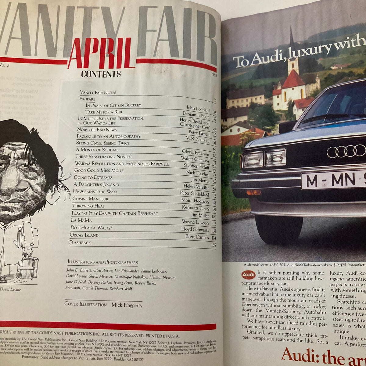 Interior page of VTG Vanity Fair Magazine April 1983 displaying the table of contents and introducing articles with cover illustration by Mick Haggerty.