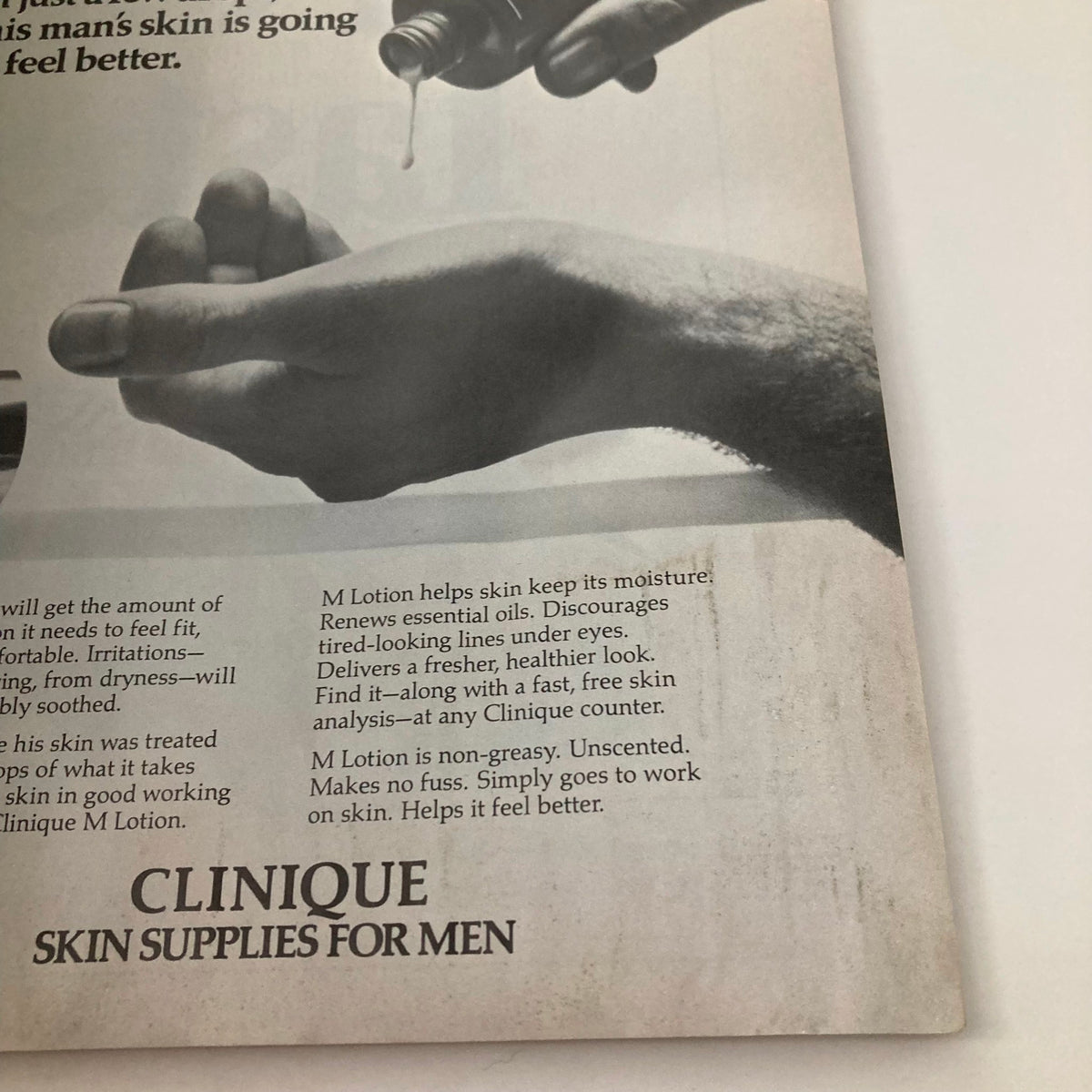 Advert for Clinique M Lotion for men, showcasing a hand applying the product, discussing its benefits for skin care. Title: VTG Vanity Fair Magazine July 1983 George Washington by Red Grooms No Label.