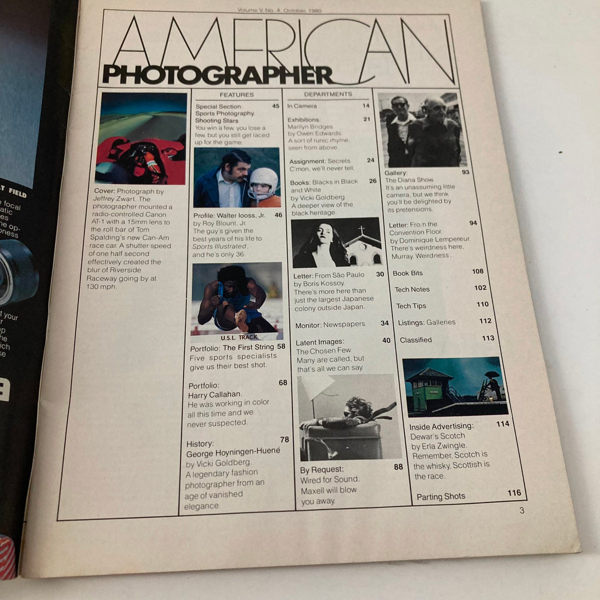Interior page of American Photographer Magazine, October 1980 displaying the table of contents, highlighting features and articles related to race car photography.