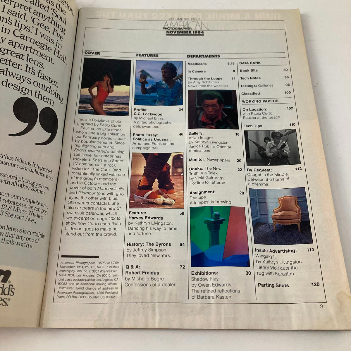 Inside page of American Photographer Magazine November 1984, showcasing the table of contents with features, profiles, and photo essays from the era of vintage photography.