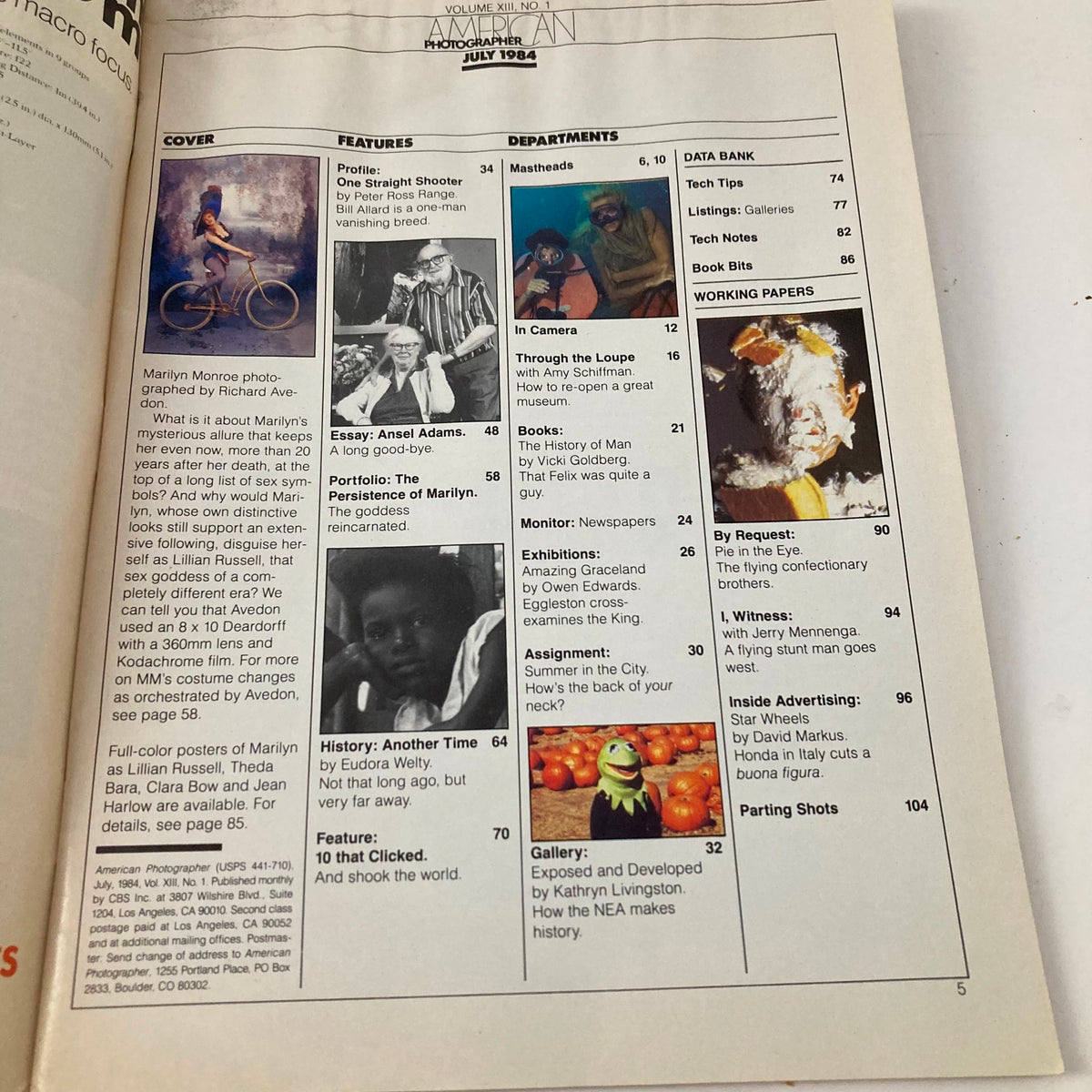 Interior page from American Photographer Magazine July 1984 showcasing features including the profile of Marilyn Monroe and photography articles.