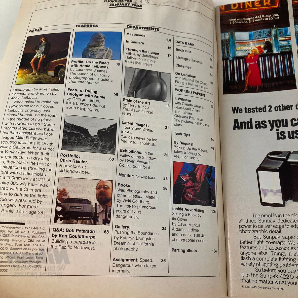 Table of contents from American Photographer Magazine January 1984 featuring Annie Leibovitz, including article titles and photography topics.