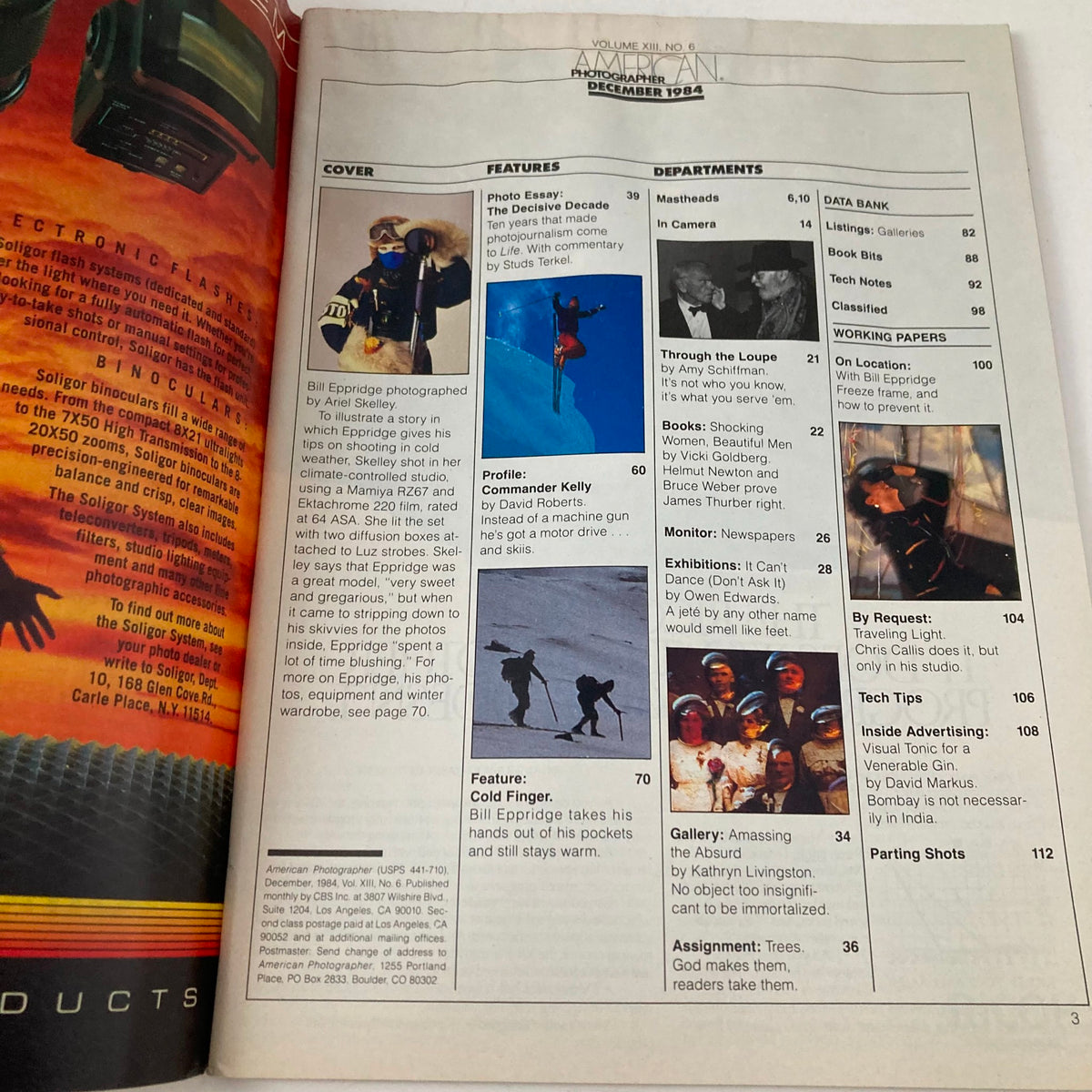 Interior page of American Photographer Magazine December 1984 featuring Bill Eppridge's photography captured by Ariel Skelley, including articles and magazine layout.