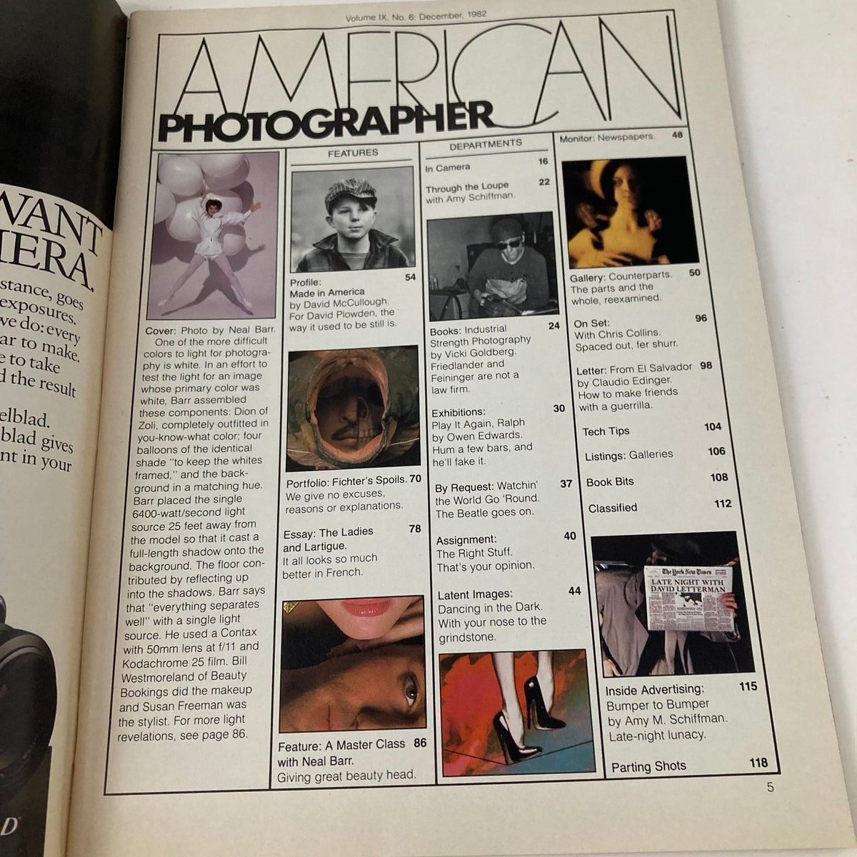 Table of contents from American Photographer Magazine December 1982, detailing features, departments, and highlight articles of this vintage photography issue.