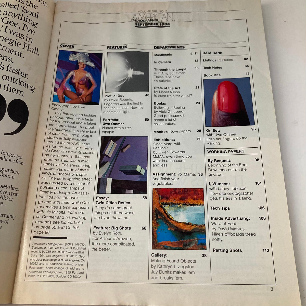 Table of contents from American Photographer Magazine September 1984, highlighting features including Uwe Ommer's portfolio. This page outlines various articles and departments dedicated to photography insights and techniques.