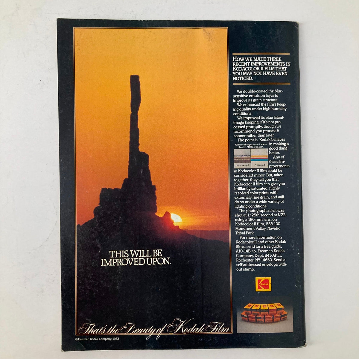 Back cover advertisement for Kodak film in American Photographer Magazine November 1982, promoting improvements in Kodak film quality with a scenic sunset image.