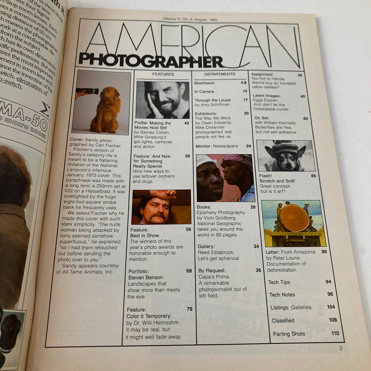 Interior page of American Photographer Magazine August 1982 displaying contents and features with mentions of Sandy and other photography highlights.