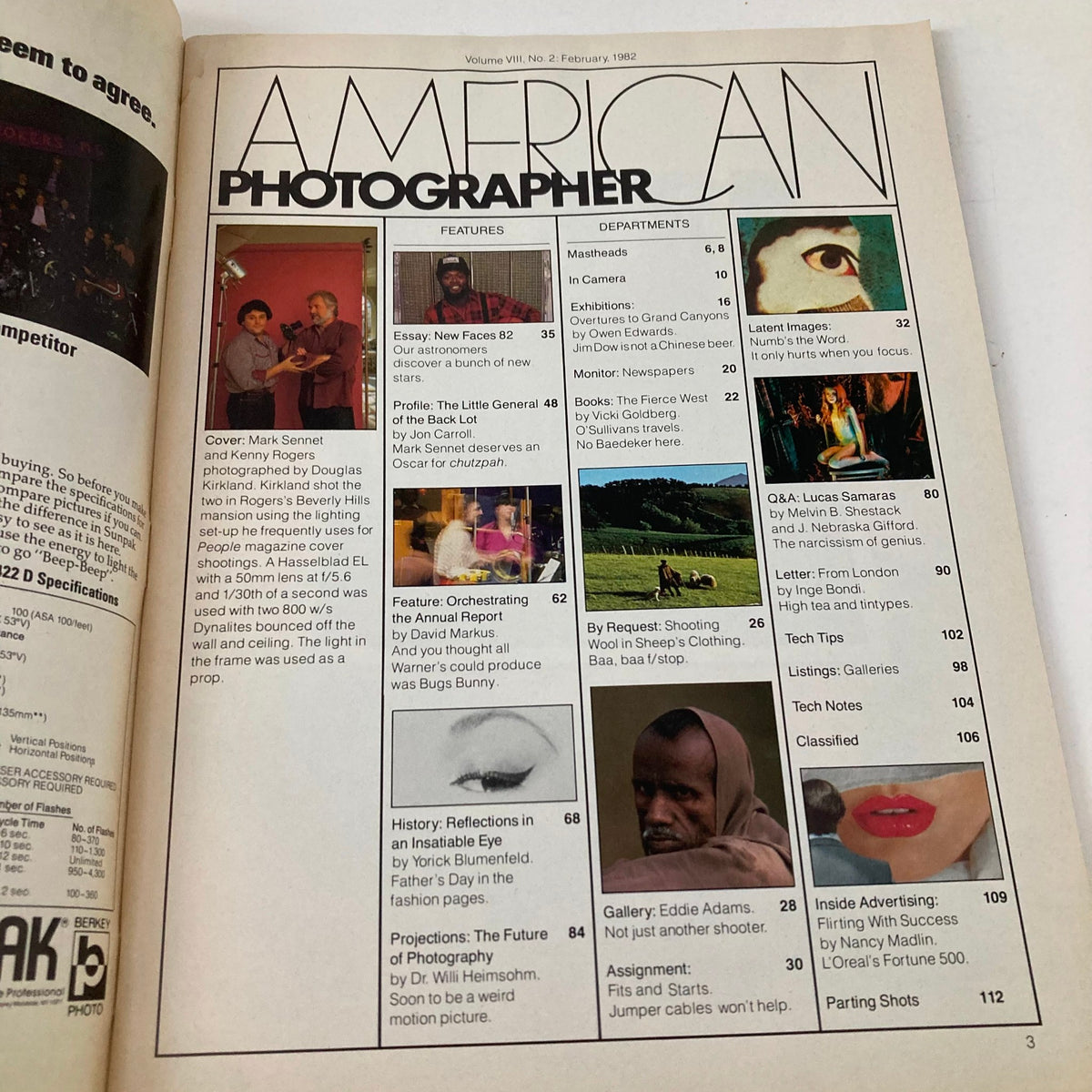 American Photographer Magazine February 1982 - Featuring Mark Sennet and Kenny Rogers. Inside cover showcasing features and articles on photography techniques and prominent photographers.