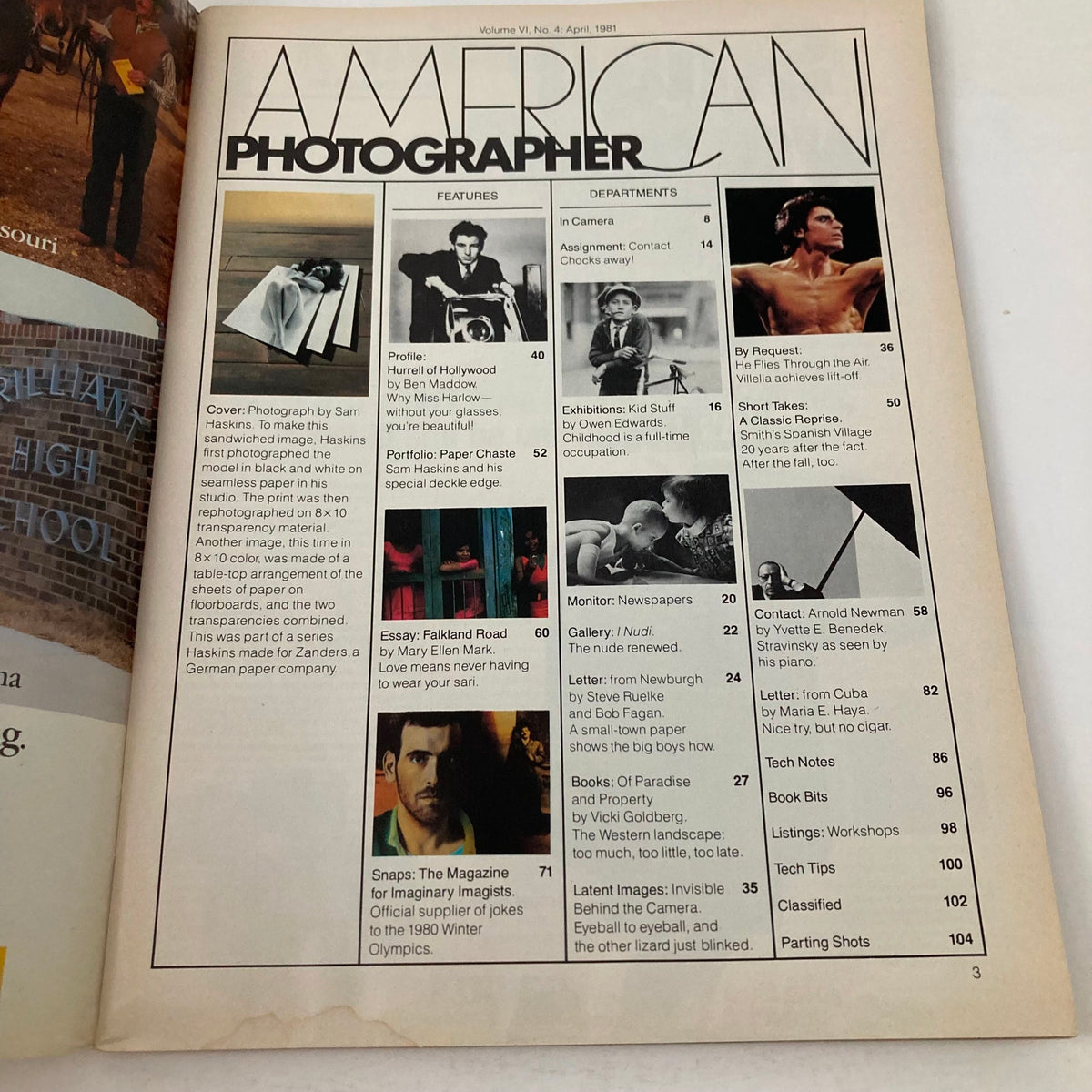 Inside page of American Photographer Magazine April 1981 showing the table of contents and highlights featuring photography articles and techniques from the era.
