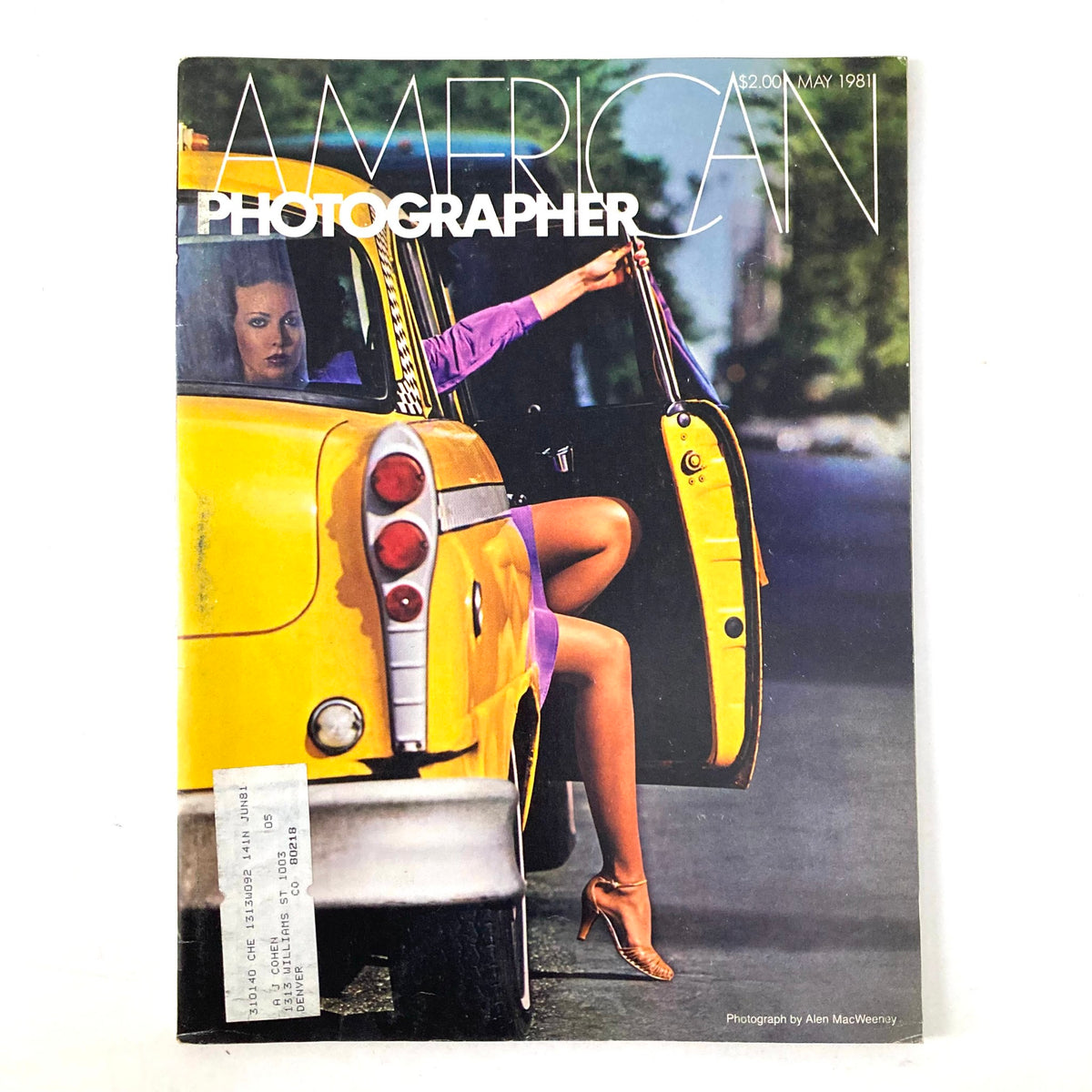Cover of American Photographer Magazine May 1981 featuring a striking photograph of a woman in a purple dress beside a yellow taxi cab, highlighting the magazine's focus on innovative photography.