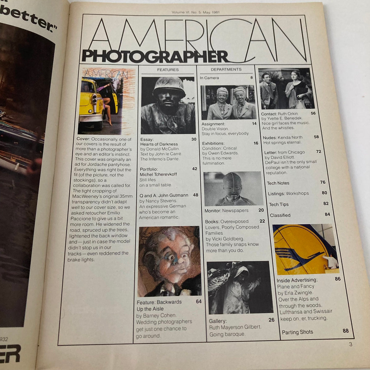 Table of contents from American Photographer Magazine May 1981, showcasing features including the article 'Backwards Up the Aisle' and various photography insights relevant to the era.