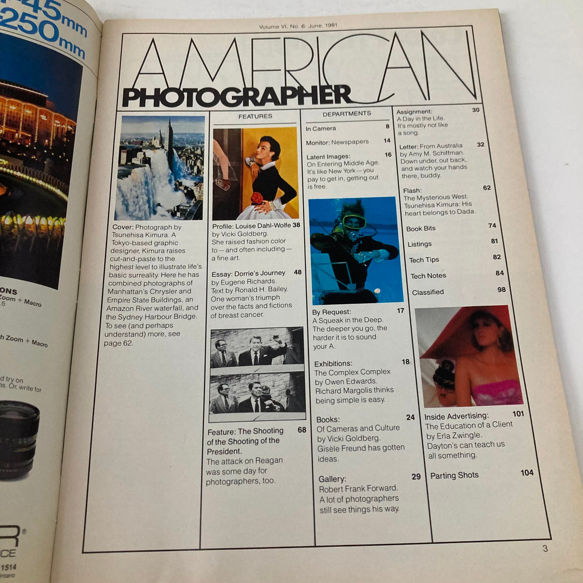 Table of contents page from American Photographer Magazine June 1981 showing features including a profile of Louise Dahl-Wolfe and photography topics.