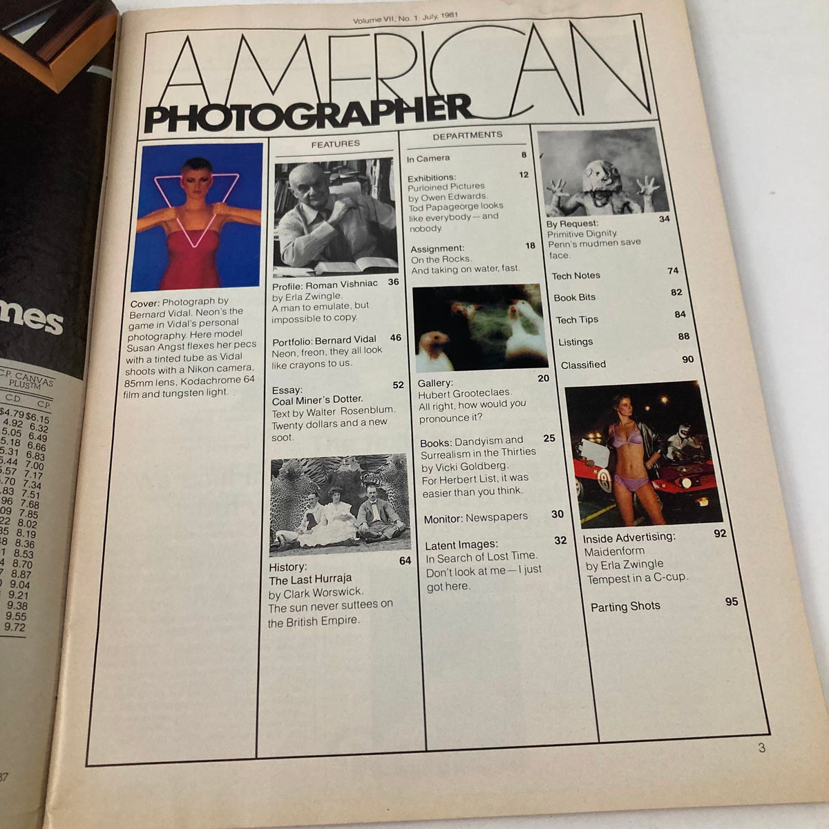 Table of contents from American Photographer Magazine July 1981 featuring model Susan Angst, showcasing sections such as features, profiles, galleries, and advertising.