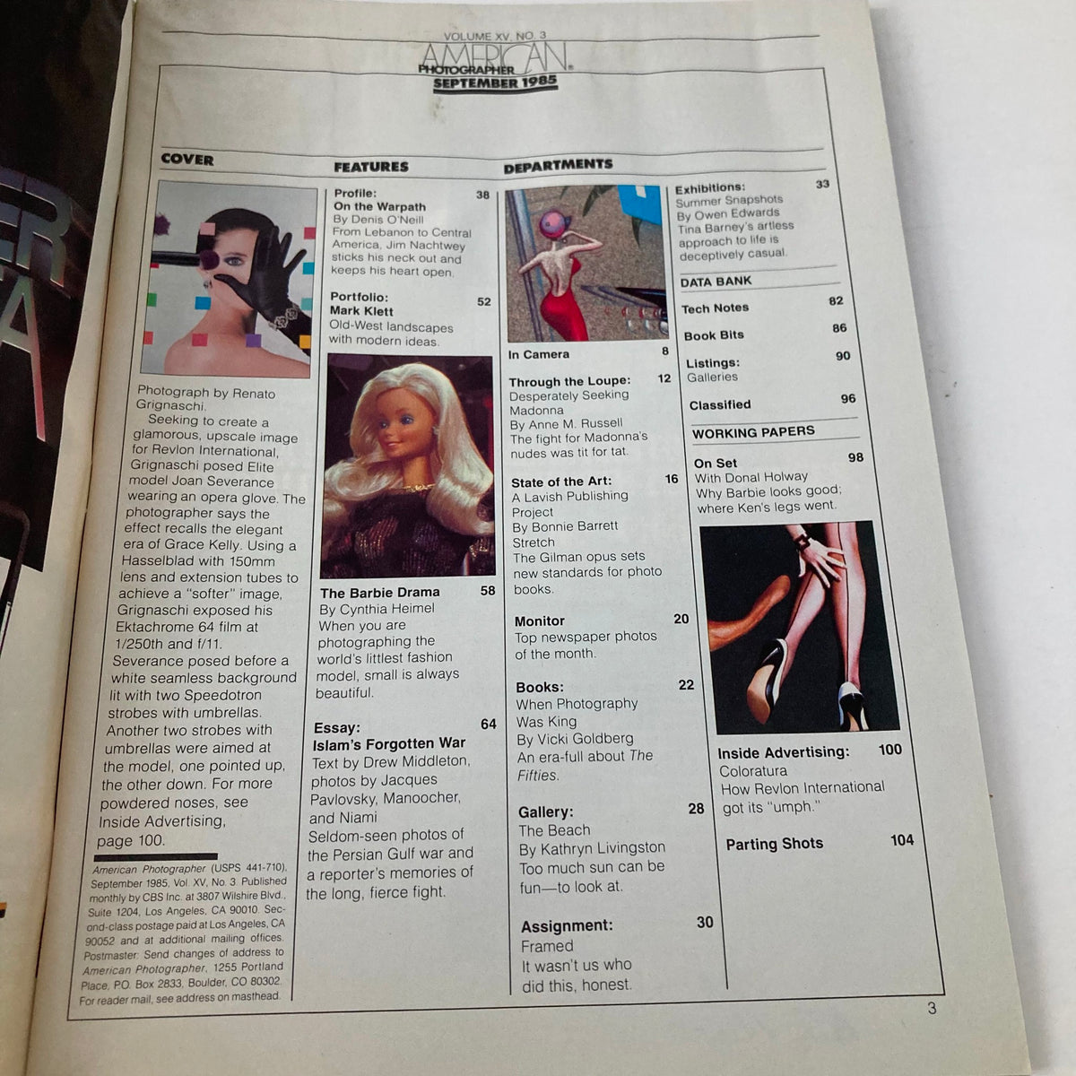 Table of contents from American Photographer Magazine September 1985, highlighting featured articles and photographs, including profiles and portfolios relevant to the era.