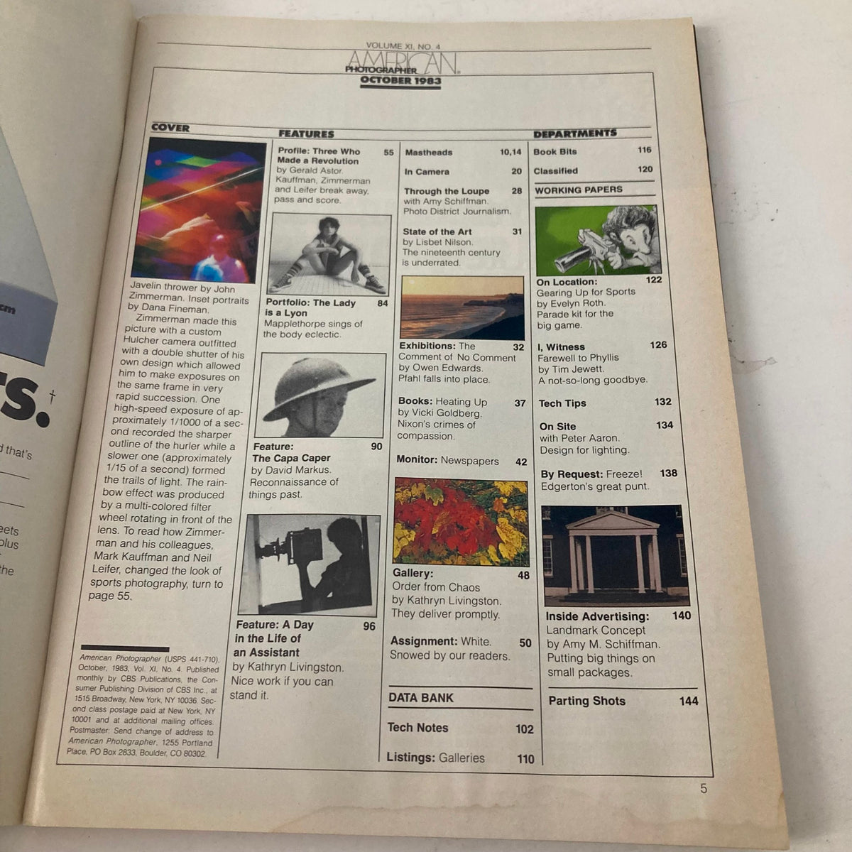 Interior page of American Photographer Magazine October 1983 showcasing the table of contents, detailing features and articles related to sports photography.