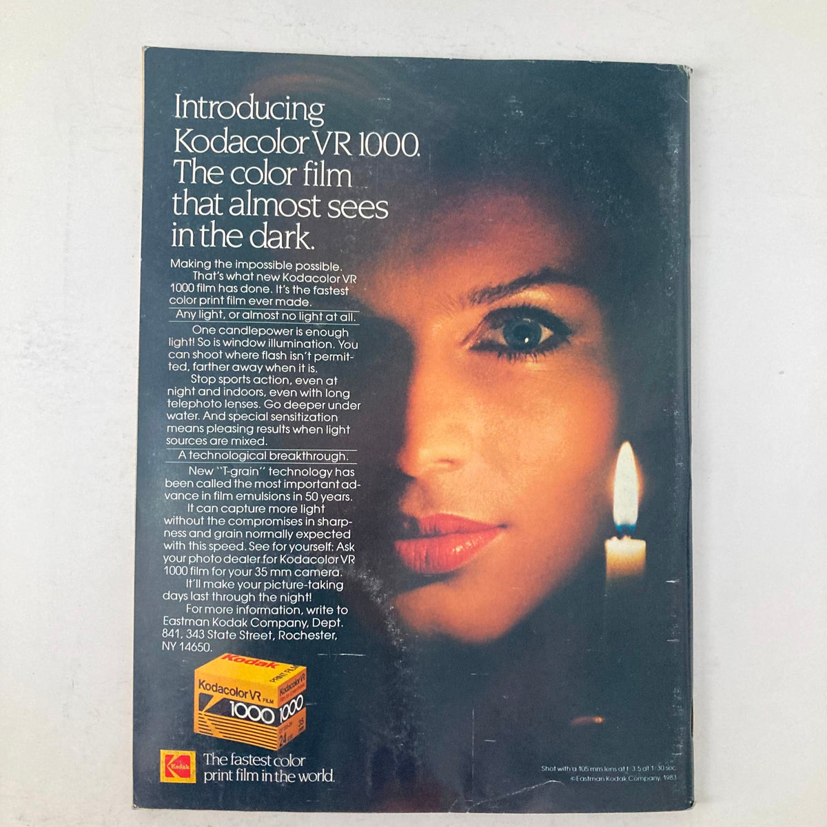 Advertisement for Kodakacolor VR 1000 found in American Photographer Magazine, June 1983, promoting the advanced color film technology that enhances low-light photography.