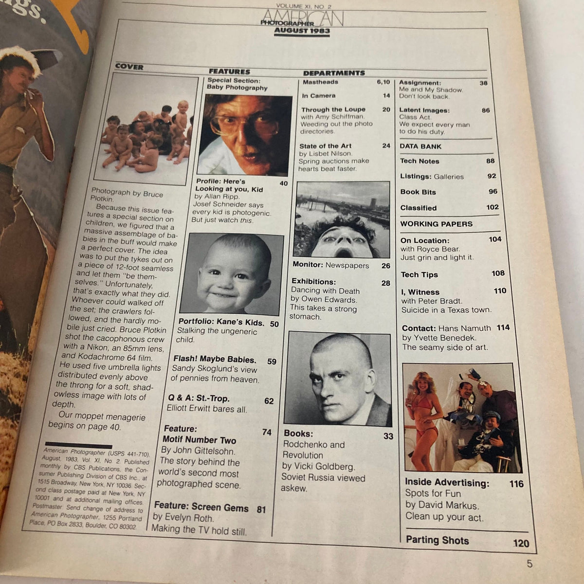 Page from American Photographer Magazine August 1983, featuring a table of contents with sections on baby photography, articles on children's photography, and engaging visuals.