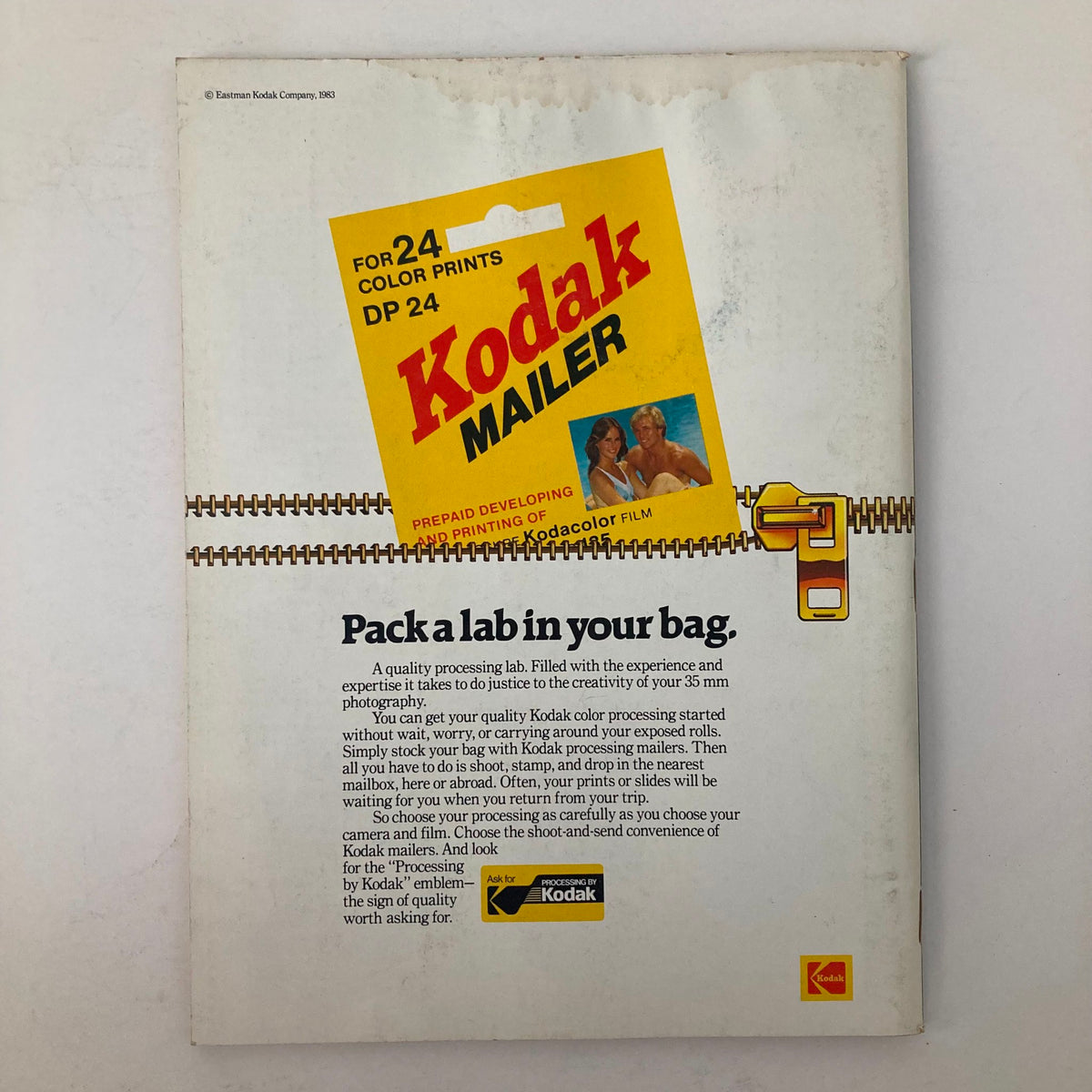 Back cover of American Photographer Magazine May 1983 featuring an advertisement for Kodak Mailer, emphasizing convenience in developing color prints.