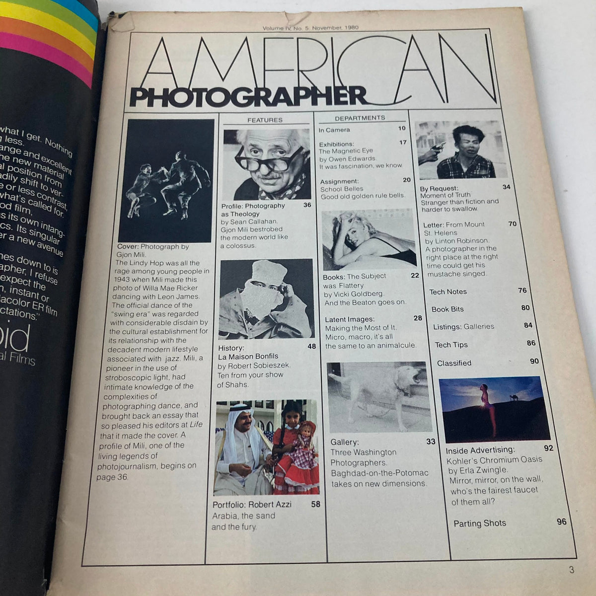 Inside page of American Photographer Magazine November 1980, featuring the table of contents with article highlights and images.