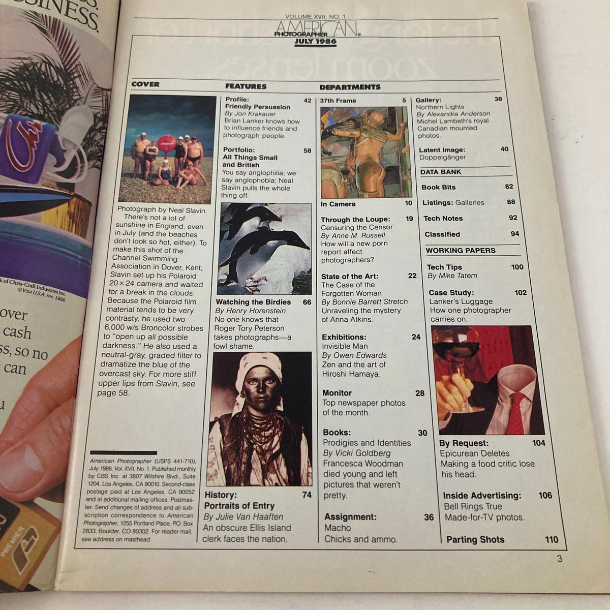 Inside page of American Photographer Magazine July 1986 displaying the table of contents and featured articles including photography topics.