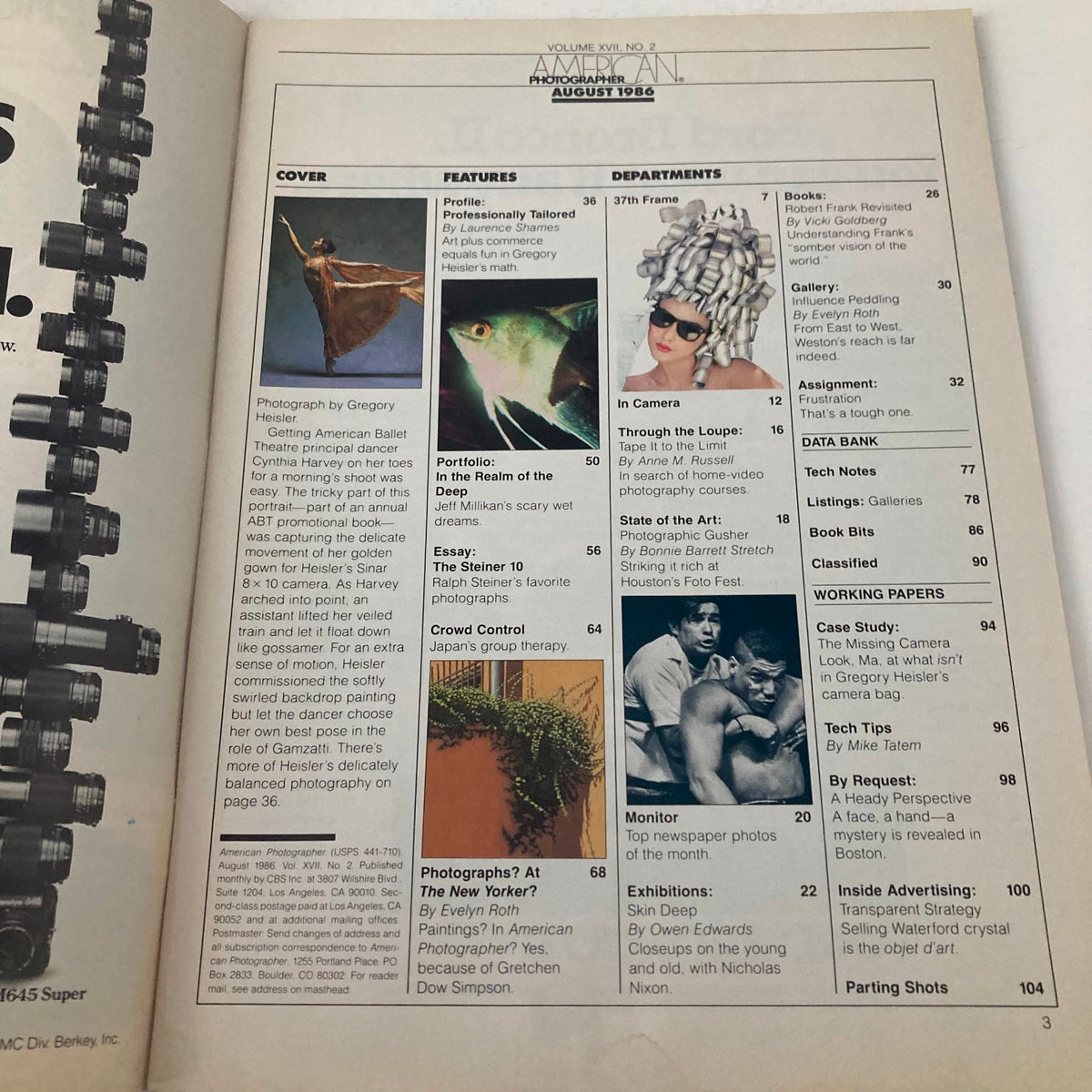Inside page of American Photographer Magazine August 1986 detailing features and articles, including a profile on dancer Cynthia Harvey.