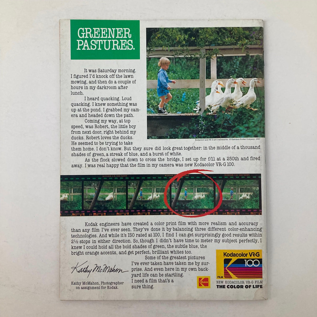Back cover of American Photographer Magazine August 1986 showcasing an article titled 'Greener Pastures' with images of a child and ducks, emphasizing Kodak's color printing technology.