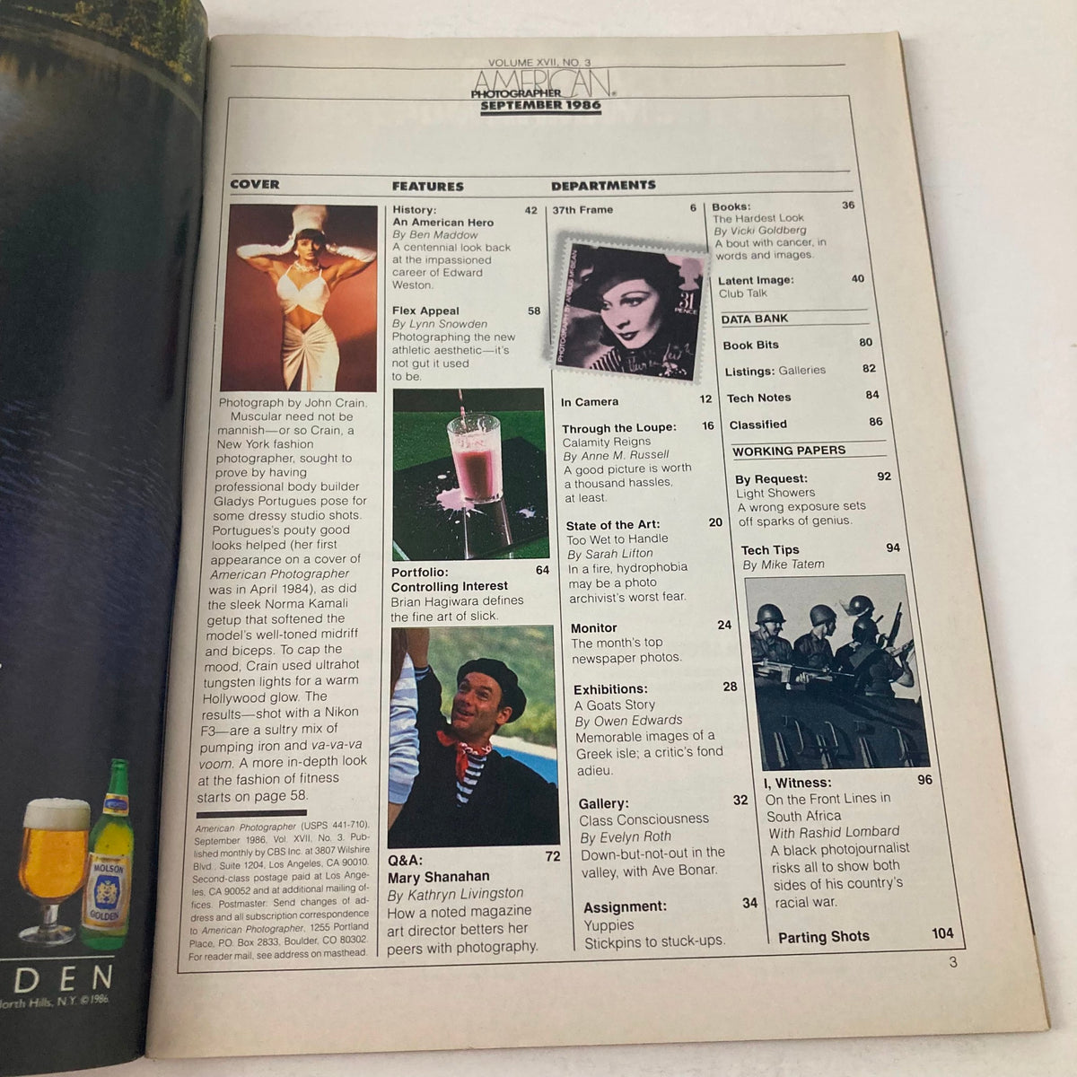 Inside page of American Photographer Magazine September 1986 displaying article titles and features, including coverage of Gladys Portugues and photography insights from the era.