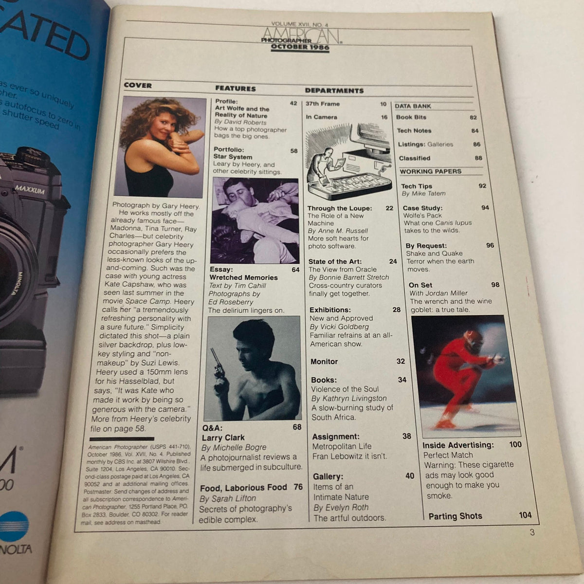 Inside page of American Photographer Magazine October 1986 detailing features and departments, including an overview of the cover article and photography insights.
