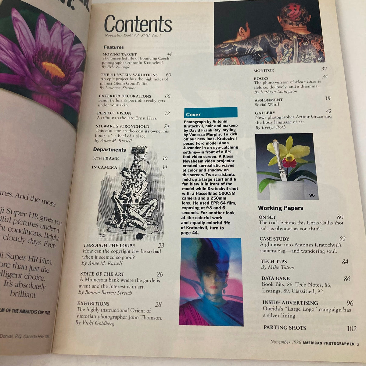 Contents page of American Photographer Magazine November 1986, listing featured articles and cover photograph by Antonin Kratochvil.