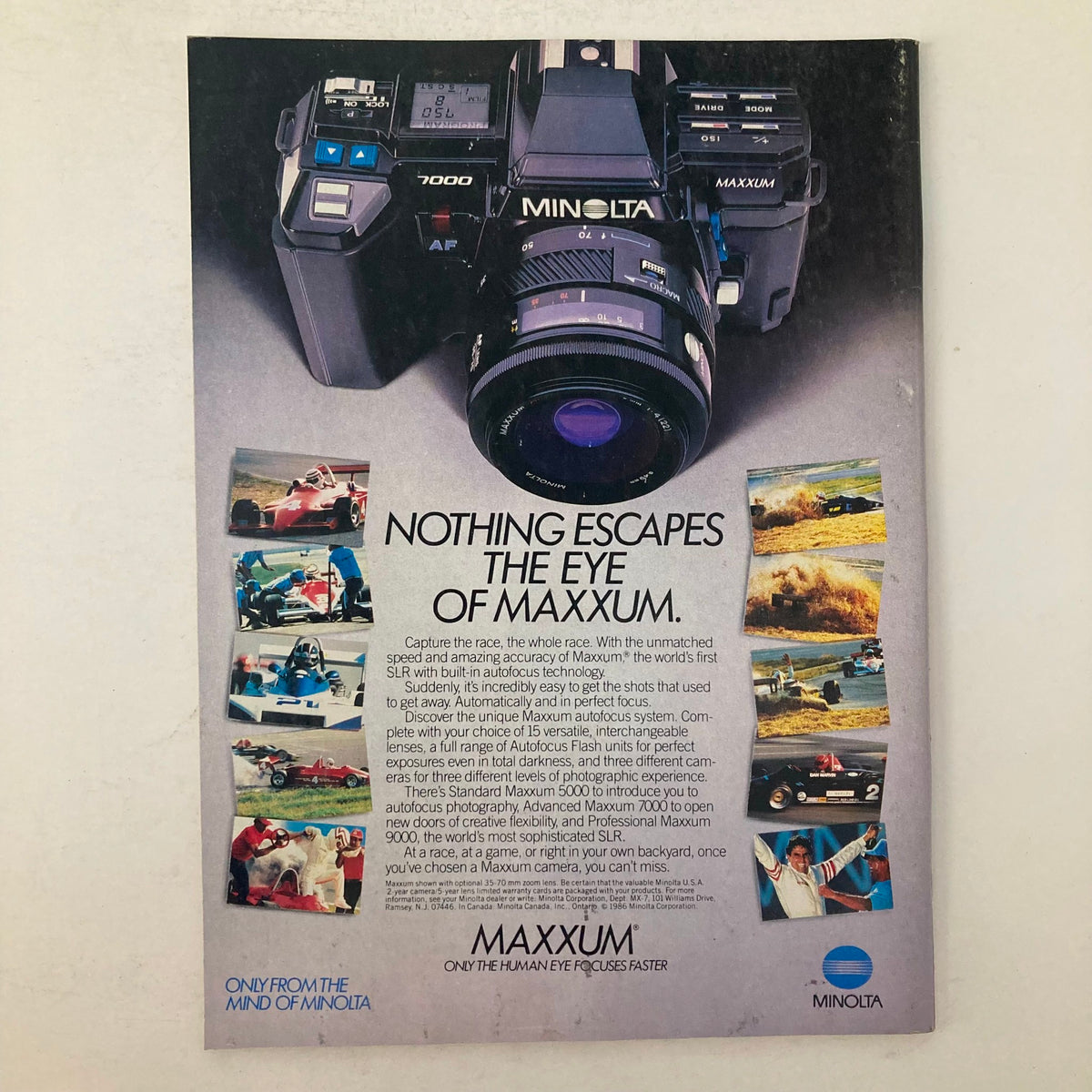 Back cover advertisement for Minolta Maxxum camera featured in American Photographer Magazine November 1986, highlighting its features and photography technology.